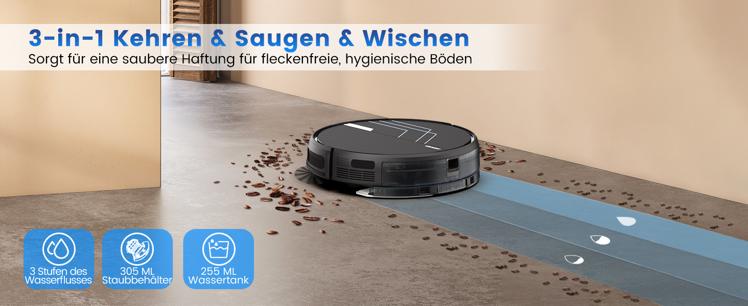 Aiorber Intelligenter Staubsaugerroboter mit Wassertank, Kehren, Saugen und Wischen in einem, sechs Reinigungsmodi für verschiedene Böden, Schwarz — фото 3